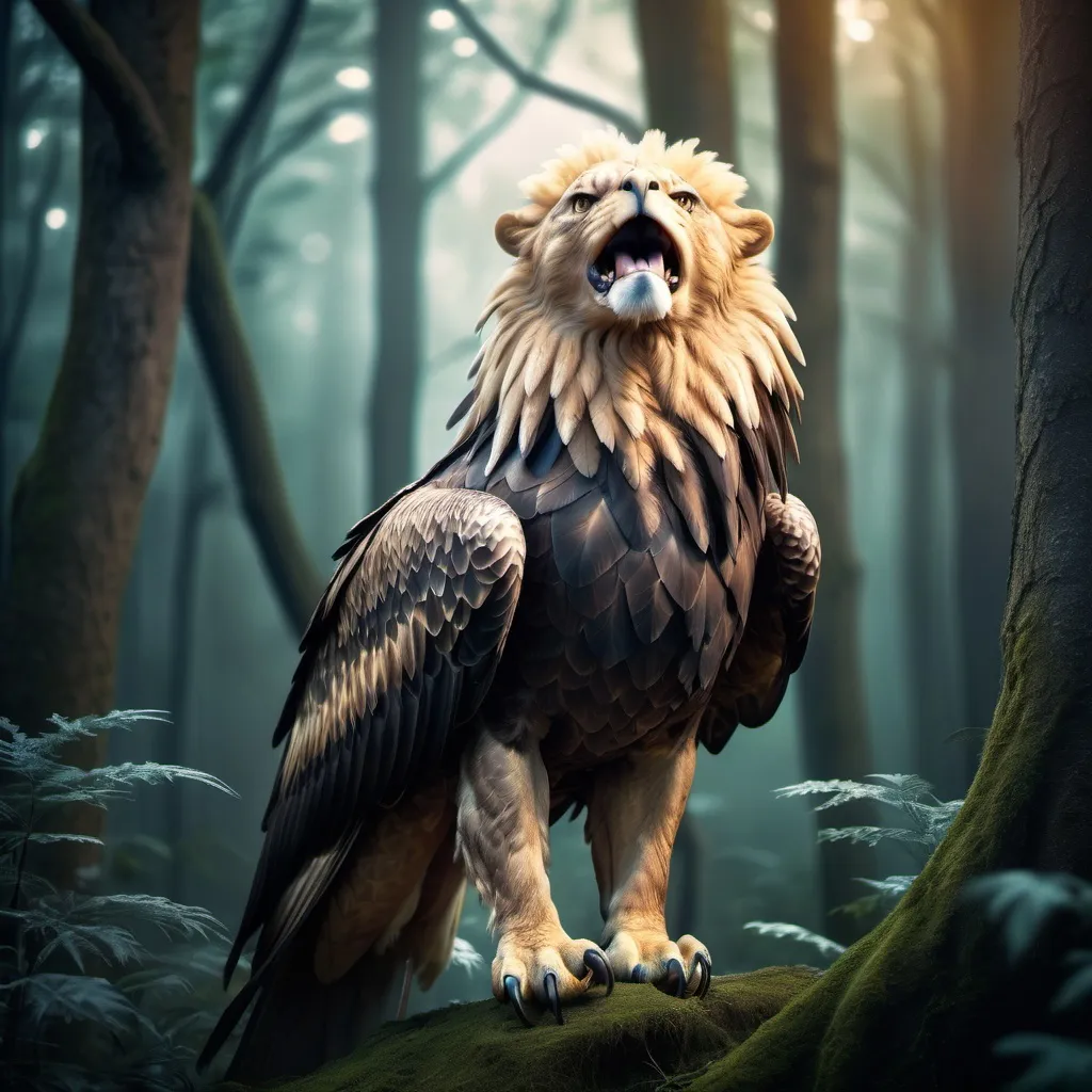 Prompt: Eagle-lion hybrid in a mystical forest, animal hybrid of an eagle and a lion, mix of lion and eagle, high quality, atmospheric lighting