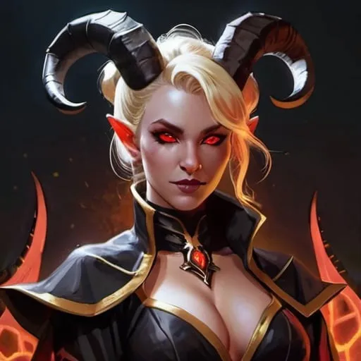Prompt: A beautiful blonde tiefling sorceress with black ram's horns, red eyes, black bat wings, and black and gold armored robes, red glowing runes, and her hair in a regal bun.
