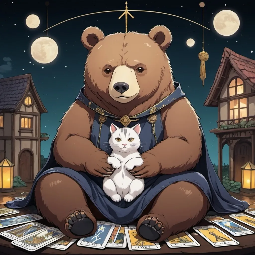 Prompt: tarot card Anime illustration, a bear with a house cat resting on their head. 
