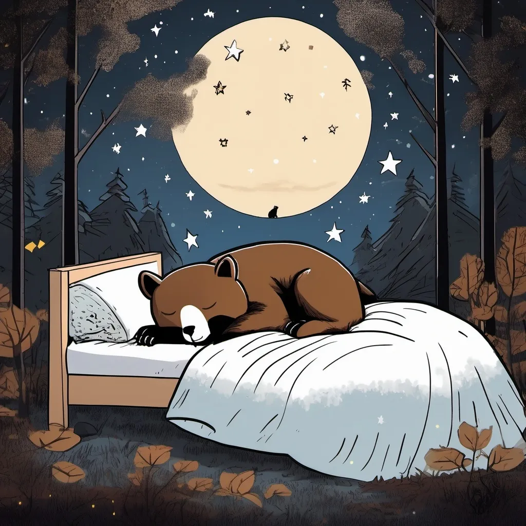 Prompt: A sleeping brown bear with a black house cat sleeping on his head, in the woods on a starry night in a marvel comics style