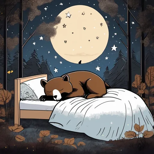 Prompt: A sleeping brown bear with a black house cat sleeping on his head, in the woods on a starry night in a marvel comics style