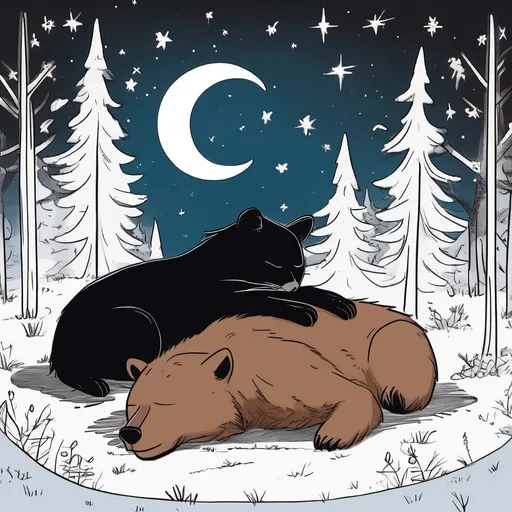 Prompt: A sleeping brown bear with a black house cat sleeping on his head, in the woods on a starry night in a marvel comics style