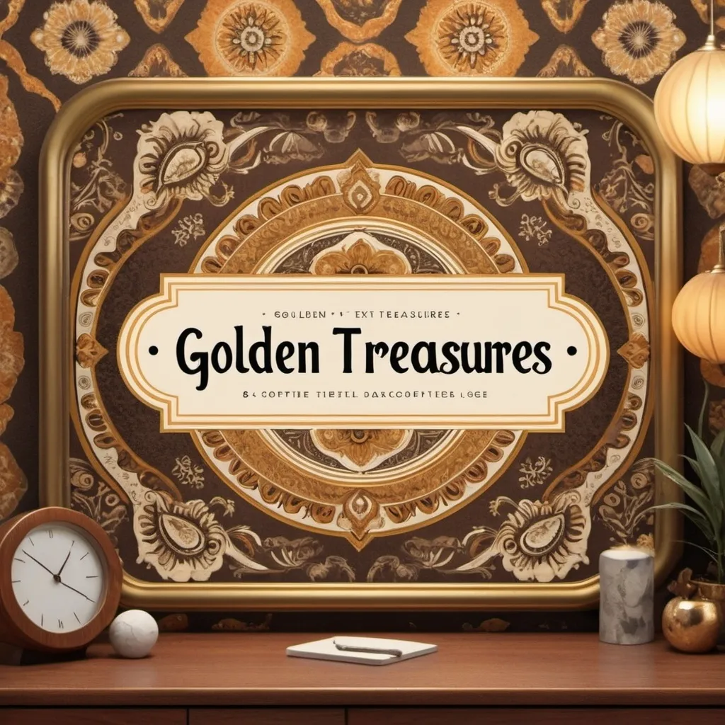 Prompt: Create a Facebook Marketplace banner with a 1970s vintage theme.  Incorporate bold patterns, earth tones, and iconic designs from the 1970s. Use a subtle patterned or softly blurred vintage room as the background. Add text saying "Golden Treasures" prominently. 