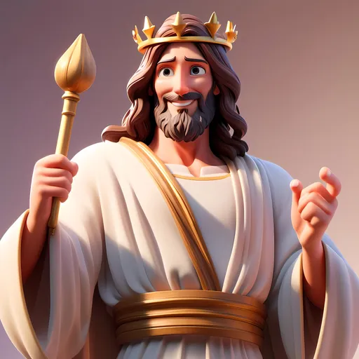 Prompt: Jesus Christ character who is a
man,
33 year old Jew,
shoulders up,
appearance wise,
wearing a chiton robe,
King crown,
beard and hair,
light smile,
right arm raised holding a scepter in the right hand<mymodel>