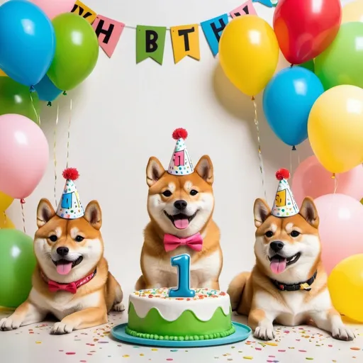 Prompt: "3D Pixar-style poster of a Shiba Inu's 1st birthday party, size 180*80. Central Shiba Inu with birthday hat, smiling. Two yellow Shibas on the left, one with a red bowtie, one with a pink bow. Black Shiba on the right with a blue bandana. White West Highland Terrier with a green party hat. Colorful balloons and banner in background saying 'Happy 1st Birthday!'. Big cake in center with one candle and dog bone decorations. Confetti on the ground, small plates with dog treats in front of each dog. Warm, soft lighting, vibrant colors, detailed expressions."

