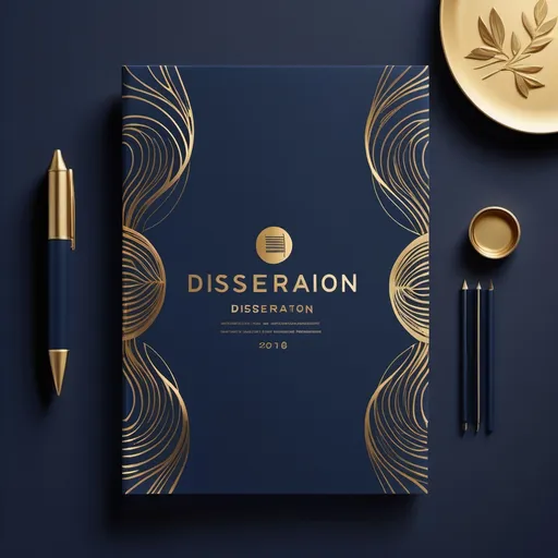 Prompt: (Dissertation cover), elegant layout, minimalist design, chic typography, sophisticated color palette of navy blue and gold, adorned with subtle abstract patterns, high-quality and crisp visuals, modern aesthetic, conveys academic professionalism, inviting yet formal ambiance, ideal for presenting scholarly work, visually striking and memorable.