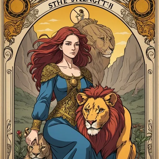 Prompt: A animé version of tarot card "the strength" with a woman and a lion