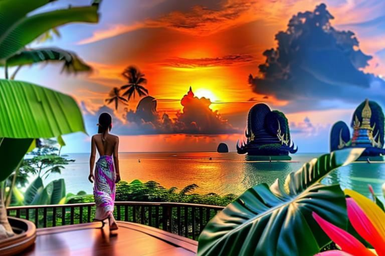 Prompt: From a distance a beautiful Thai woman walking away into A peaceful and relaxing oceanfront Thai landscape. Wilderness environment surrounded by tropical plants, trees, and waterfalls with a setting Sun in the background, colourful clouds and birds in sky. 