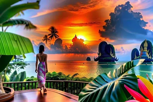 Prompt: From a distance a beautiful Thai woman walking away into A peaceful and relaxing oceanfront Thai landscape. Wilderness environment surrounded by tropical plants, trees, and waterfalls with a setting Sun in the background, colourful clouds and birds in sky. 