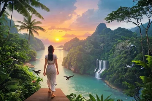 Prompt: In the distance a Thai woman walking away into A beautiful and relaxing oceanfront Thai landscape. Wilderness environment surrounded by tropical plants, trees, and waterfalls with a setting Sun in the background, colourful clouds and birds in sky. 