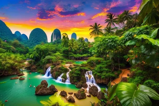 Prompt: A beautiful and relaxing thai landscape. Wilderness environment surrounded by tropical plants, trees, and waterfalls with a setting Sun, colourful clouds and birds in sky. 
