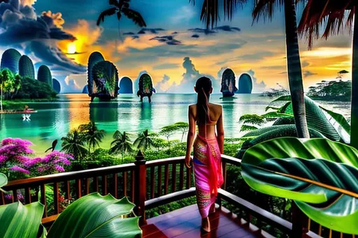 Prompt: In the distance a beautiful Thai woman walking away into A peaceful and relaxing oceanfront Thai landscape. Wilderness environment surrounded by tropical plants, trees, and waterfalls with a setting Sun in the background, colourful clouds and birds in sky. 