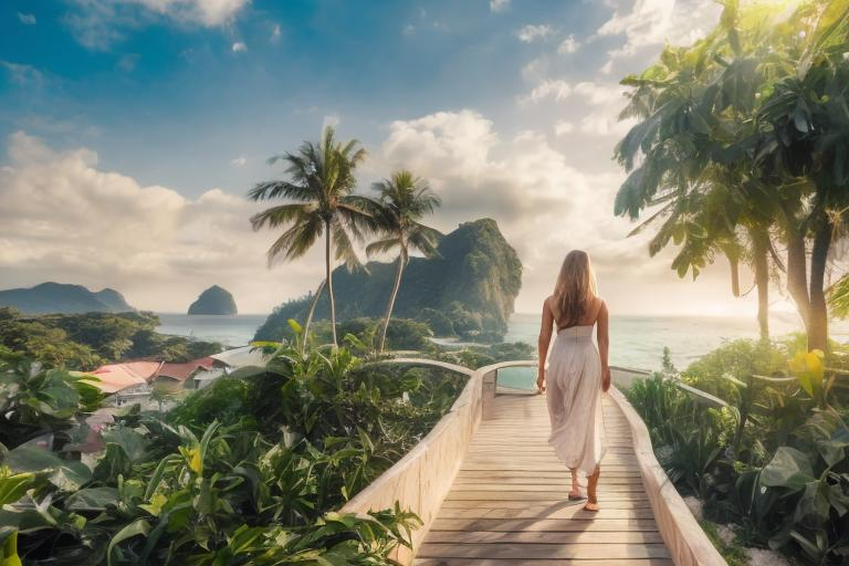 Prompt: A beautiful, white woman walking away into A peaceful and relaxing oceanfront Thai landscape. Wilderness environment surrounded by tropical plants, trees, and waterfalls with a setting Sun in the background, colourful clouds and birds in sky. 