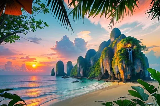 Prompt: A beautiful and relaxing oceanfront Thai landscape. Wilderness environment surrounded by tropical plants, trees, and waterfalls with a setting Sun in the background, colourful clouds and birds in sky. 