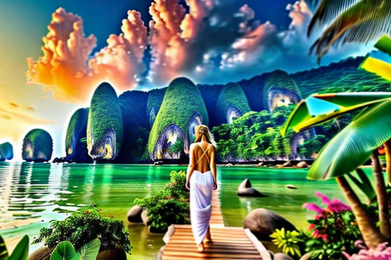 Prompt: A beautiful, white woman walking away into A peaceful and relaxing oceanfront Thai landscape. Wilderness environment surrounded by tropical plants, trees, and waterfalls with a setting Sun in the background, colourful clouds and birds in sky. 