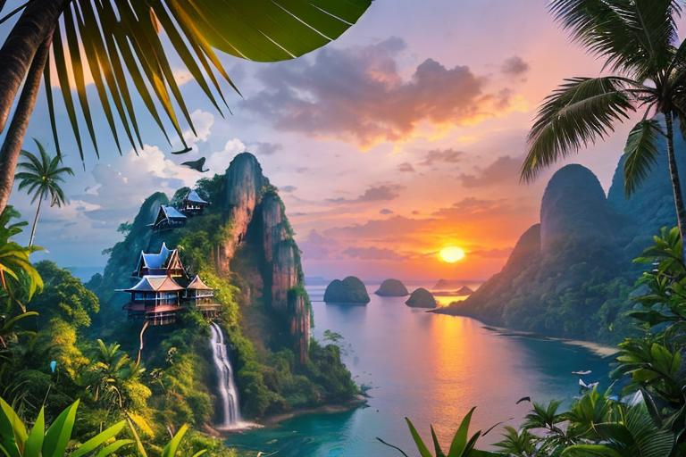 Prompt: In the distance a Thai woman walking away into A beautiful and relaxing oceanfront Thai landscape. Wilderness environment surrounded by tropical plants, trees, and waterfalls with a setting Sun in the background, colourful clouds and birds in sky. 