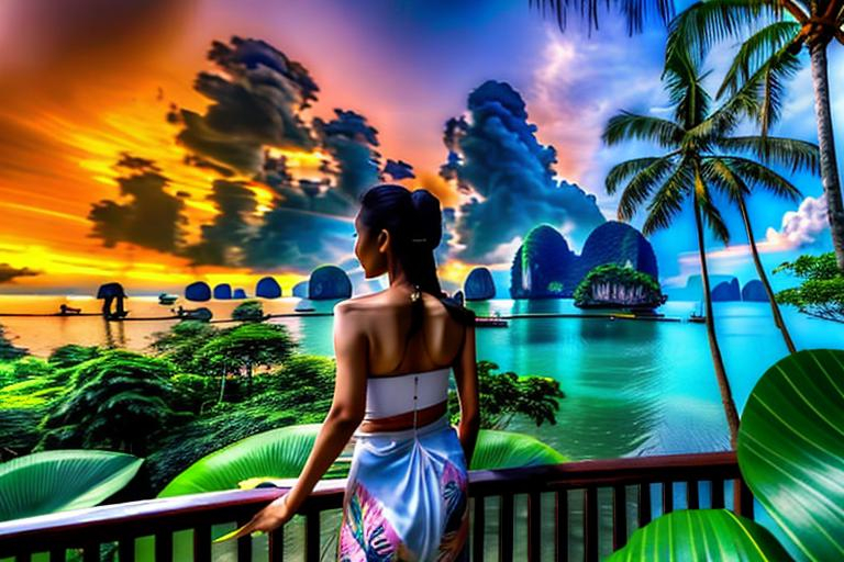 Prompt: In the distance a beautiful Thai woman walking away into A peaceful and relaxing oceanfront Thai landscape. Wilderness environment surrounded by tropical plants, trees, and waterfalls with a setting Sun in the background, colourful clouds and birds in sky. 