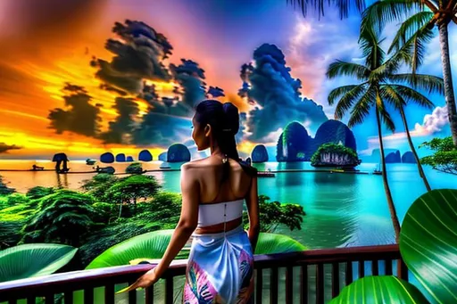 Prompt: In the distance a beautiful Thai woman walking away into A peaceful and relaxing oceanfront Thai landscape. Wilderness environment surrounded by tropical plants, trees, and waterfalls with a setting Sun in the background, colourful clouds and birds in sky. 