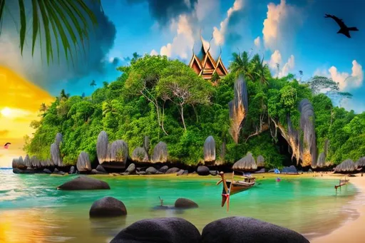 Prompt: A beautiful and relaxing oceanfront Thai landscape. Wilderness environment surrounded by tropical plants, trees, and waterfalls with a setting Sun in the background, colourful clouds and birds in sky. 