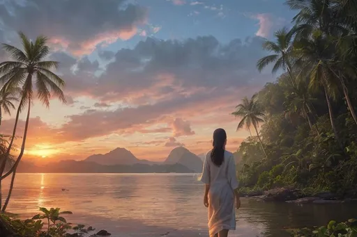 Prompt: In the distance a beautiful Thai woman walking away into A peaceful and relaxing oceanfront Thai landscape. Wilderness environment surrounded by tropical plants, trees, and waterfalls with a setting Sun in the background, colourful clouds and birds in sky. 