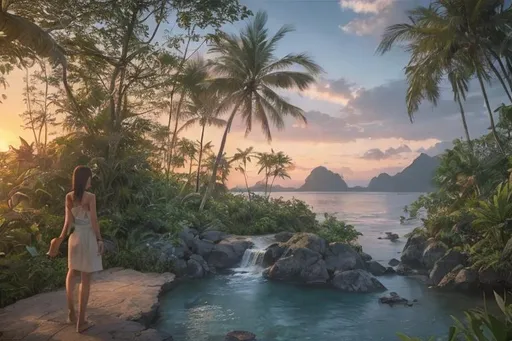 Prompt: In the distance a beautiful Thai woman walking away into A peaceful and relaxing oceanfront Thai landscape. Wilderness environment surrounded by tropical plants, trees, and waterfalls with a setting Sun in the background, colourful clouds and birds in sky. 