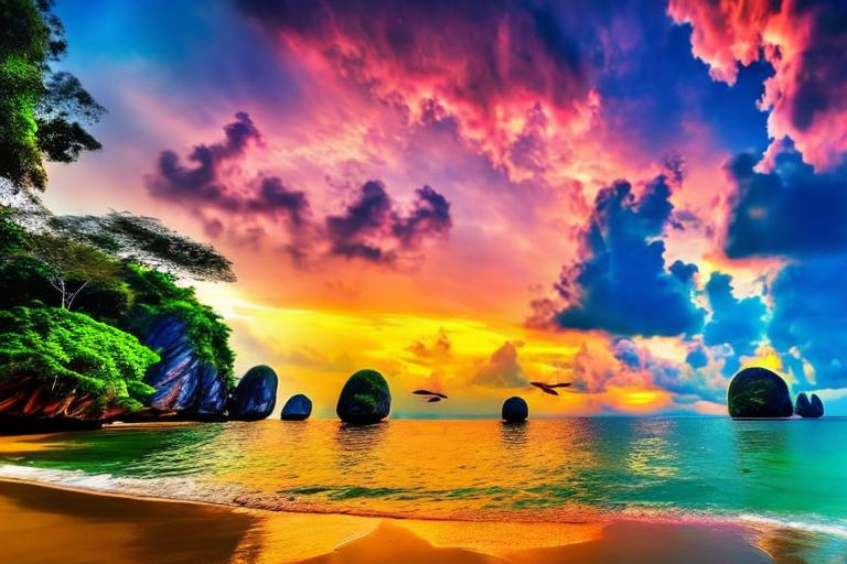 Prompt: A beautiful and relaxing oceanfront Thai landscape. Wilderness environment surrounded by tropical plants, trees, and waterfalls with a setting Sun in the background, colourful clouds and birds in sky. 