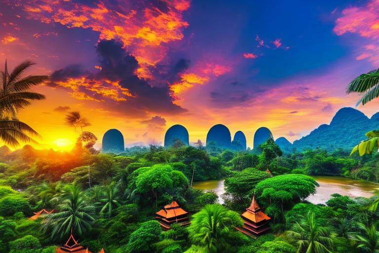 Prompt: A beautiful and relaxing thai landscape. Wilderness environment surrounded by tropical plants, trees, and waterfalls with a setting Sun, colourful clouds and birds in sky. 