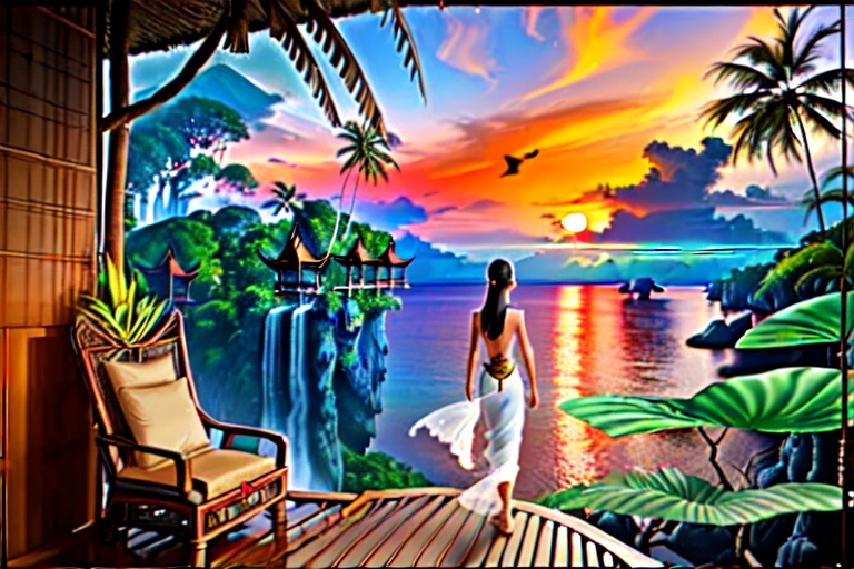 Prompt: In the distance a beautiful Thai woman walking away into A peaceful and relaxing oceanfront Thai landscape. Wilderness environment surrounded by tropical plants, trees, and waterfalls with a setting Sun in the background, colourful clouds and birds in sky. 