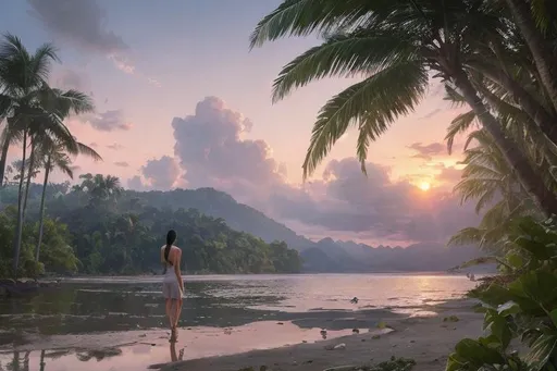 Prompt: In the distance a beautiful Thai woman walking away into A peaceful and relaxing oceanfront Thai landscape. Wilderness environment surrounded by tropical plants, trees, and waterfalls with a setting Sun in the background, colourful clouds and birds in sky. 