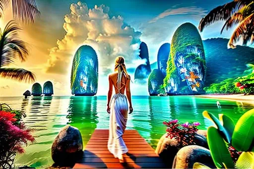 Prompt: A beautiful, white woman walking away into A peaceful and relaxing oceanfront Thai landscape. Wilderness environment surrounded by tropical plants, trees, and waterfalls with a setting Sun in the background, colourful clouds and birds in sky. 