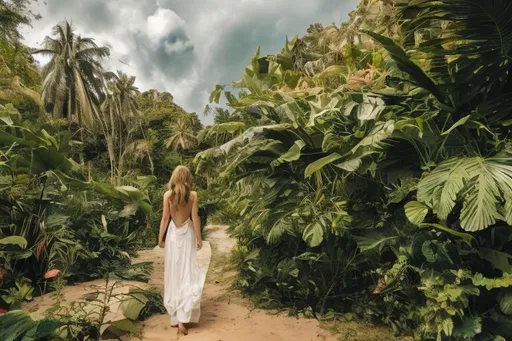 Prompt: A beautiful, white woman walking away into A peaceful and relaxing oceanfront Thai landscape. Wilderness environment surrounded by tropical plants, trees, and waterfalls with a setting Sun in the background, colourful clouds and birds in sky. 