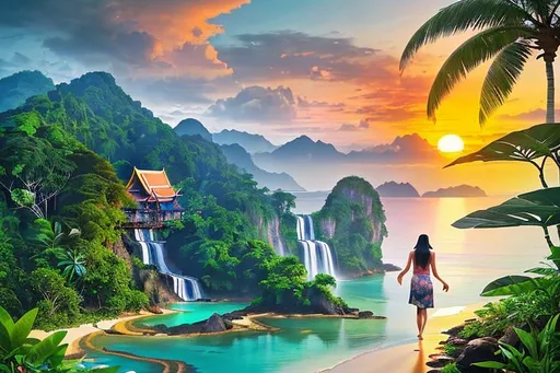 Prompt: Thai woman walking away into A beautiful and relaxing oceanfront Thai landscape. Wilderness environment surrounded by tropical plants, trees, and waterfalls with a setting Sun in the background, colourful clouds and birds in sky. 