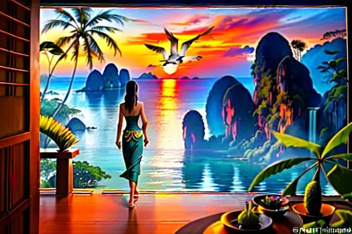 Prompt: In the distance a beautiful Thai woman walking away into A peaceful and relaxing oceanfront Thai landscape. Wilderness environment surrounded by tropical plants, trees, and waterfalls with a setting Sun in the background, colourful clouds and birds in sky. 