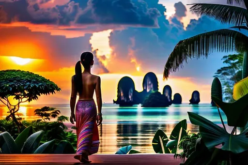 Prompt: From a distance a beautiful Thai woman walking away into A peaceful and relaxing oceanfront Thai landscape. Wilderness environment surrounded by tropical plants, trees, and waterfalls with a setting Sun in the background, colourful clouds and birds in sky. 