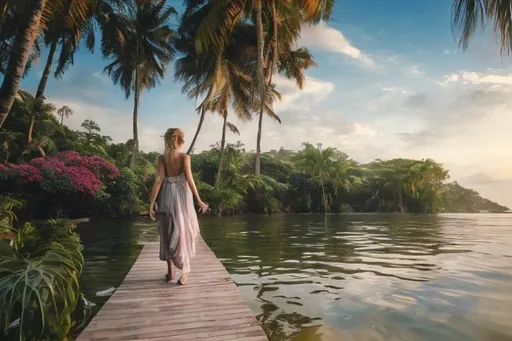 Prompt: A beautiful, white woman walking away into A peaceful and relaxing oceanfront Thai landscape. Wilderness environment surrounded by tropical plants, trees, and waterfalls with a setting Sun in the background, colourful clouds and birds in sky. 