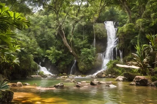 Prompt: A beautiful and relaxing thai landscape. Wilderness environment surrounded by tropical plants, trees, and waterfalls