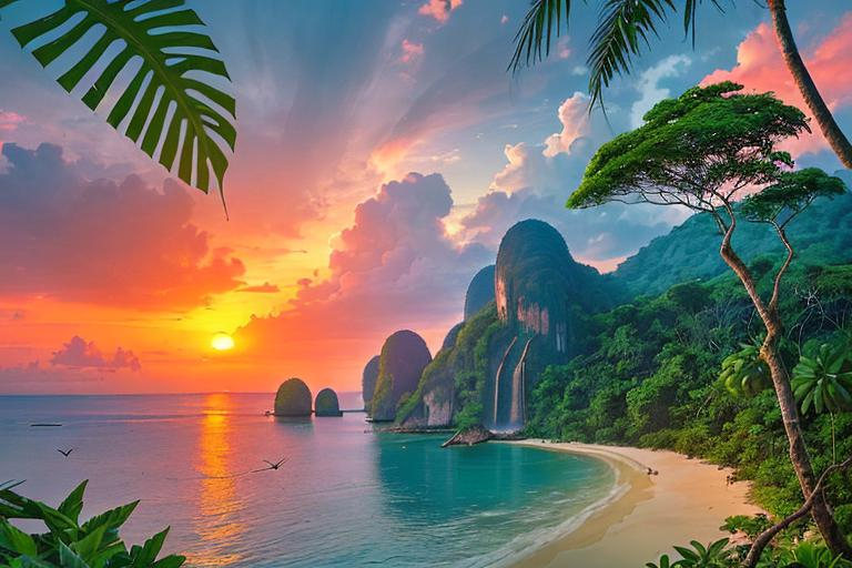 Prompt: A beautiful and relaxing oceanfront Thai landscape. Wilderness environment surrounded by tropical plants, trees, and waterfalls with a setting Sun in the background, colourful clouds and birds in sky. 