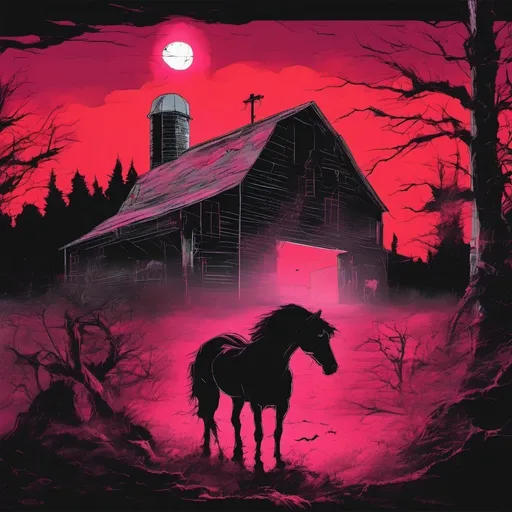 Prompt: 1980s horror movie vhs cover with creepy abandoned horse barn silhouette at night surrounded by a creepy forest red light coming from the barn