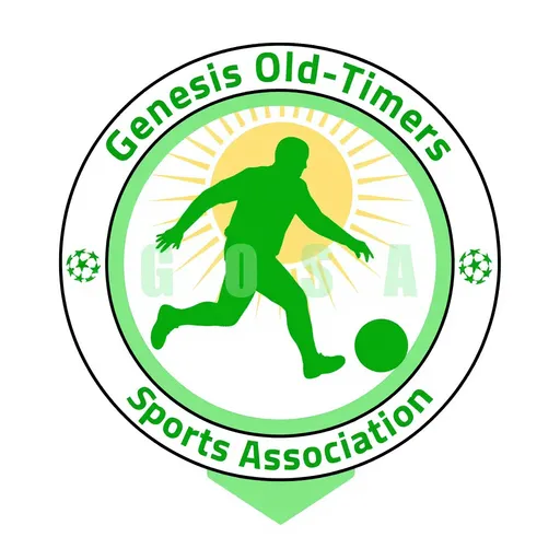 Prompt: This is a digital graphic logo for "Genesis Old-Timers Sports Association." The circular logo features a green silhouette of an elderly man kicking a soccer ball, positioned in the center. The man's silhouette is solid green, with his right leg extended forward, left leg bent, and right arm extended backward for balance. The soccer ball, also in green, is located in the lower right quadrant. Behind the man, there is a yellow sun with radiating lines, giving a sense of motion and energy. Surrounding the central image is a white circular border with a green ribbon at the top and bottom, both inscribed with "Genesis Old-Timers" at the top and "Sports Association" at the bottom in green, bold, uppercase letters. Flanking the circular border on both sides are small green soccer ball icons. The overall design is clean and modern, utilizing a minimalist color palette of green, white, and yellow, with a focus on the sport of soccer. The background of the image is plain white, ensuring that the logo stands out prominently. The style is flat and vector-based, typical of digital graphic design.