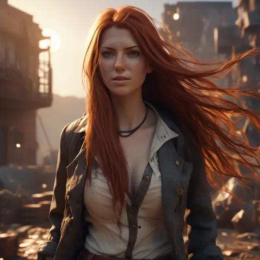 Prompt: ultra-realistic scene of red-haired woman with long straight hair wearing torn and dirty clothes Bioshok infinite style, steampunk style, volumetric lighting, backlight, golden hour, 8k, uhd, action scene, external details, intricate scene, fantastic scene, floating island background, octane rendering, v-ray rendering, unreal engine