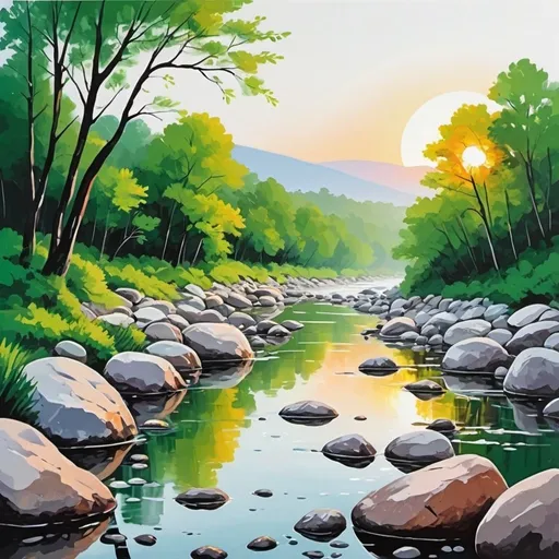 Prompt: vector art style, clear river view, oil ink painting, sunset view, small rocks, calm, green trees, auto correct, sharp clear, on white canvas, vivid vibrant color, soft and smooth, close up, white background