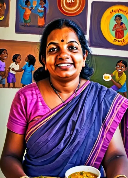 Prompt: Cartoon-style illustration of a cheerful grandmother from Mylapore, Chennai, preparing food, round eyeglasses, seated position, playful children in the background, a photo fram behind the wall and it says "Mylapore Patti", warm and vibrant colors, high quality, cartoon, joyful, Mylapore, Chennai, round eyeglasses, cooking, playful children, vibrant colors, detailed illustration, happy grandmother, professional, warm lighting