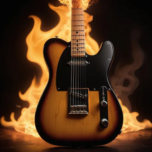 Prompt: (butterscotch blackguard fender telecaster on fire), vibrant flames, intense heat, dramatic lighting, smoky background, dynamic motion, high-quality details, strong visual impact, energetic ambiance, blazing colors, artistic portrayal, striking contrast with cool tones, ultra-detailed 4K rendering, bokeh.