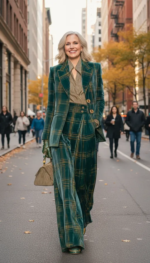 Prompt: she has this outfit on and walking on a street of a big city. fall vibes, she is smiling and her face is sun kissed. her one hand is holding purse and has leather glove on, other hand in pocket