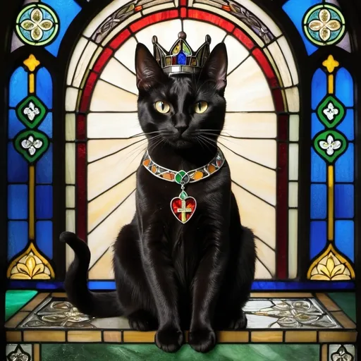 Prompt: A black cat, likely a Bombay, sitting like Saint Brigid, the Irish Catholic saint, and the cat is also dressed like Saint Brigid wearing a gown and saintly crown, rendered in stained glass with gaelic styling, and a caption at the bottom of the image that says, "Saint Billy", in a style typically used to identify saints on stained glass windows