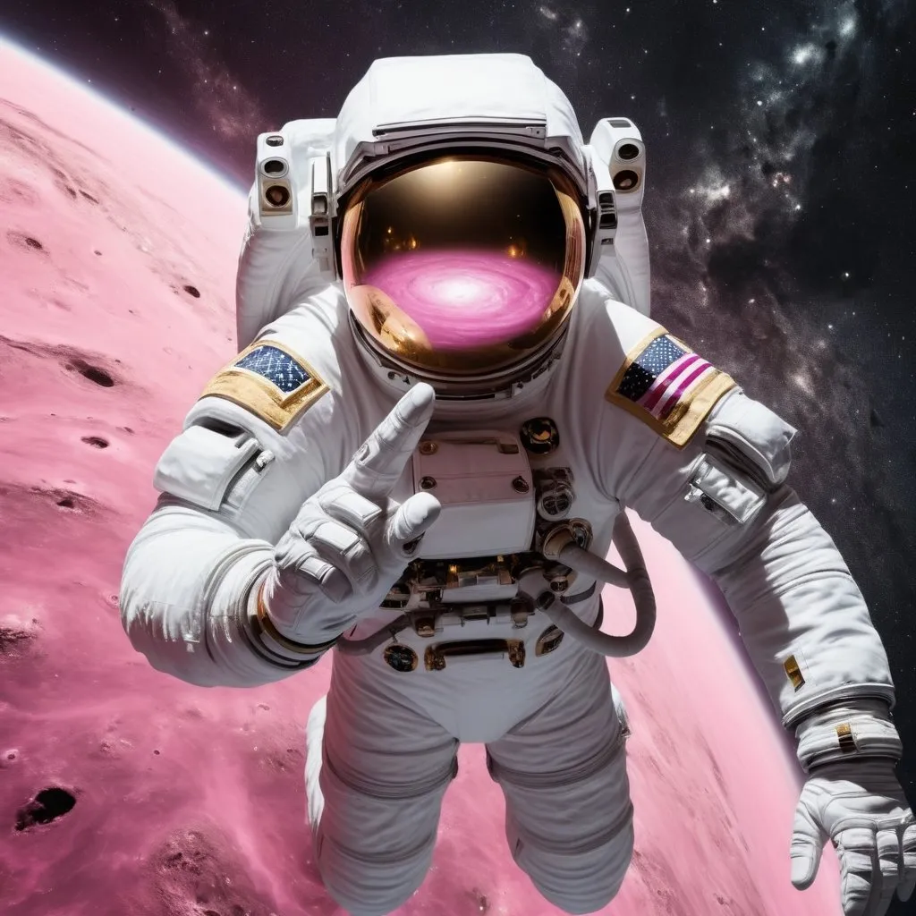 Prompt: Create an image of an astronaut floating lost and alone en the deep space in the limit of the universe near to the camera touching whit one finger a pink and golden surface that looks like water in space.