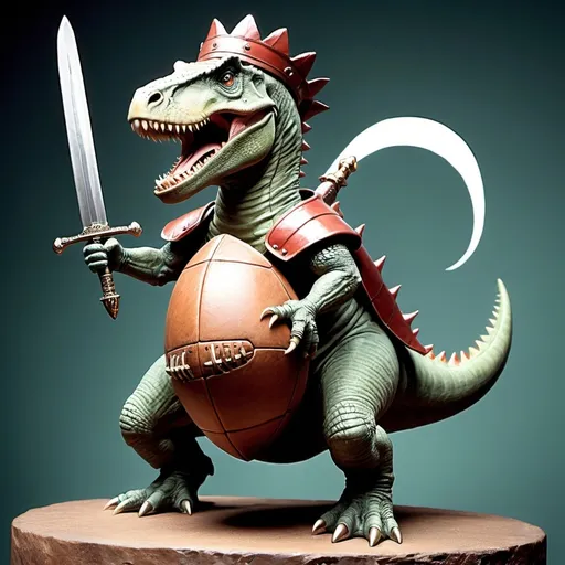 Prompt: An anthropomorphic football riding a dinosaur brandishing a sword like a feudal king