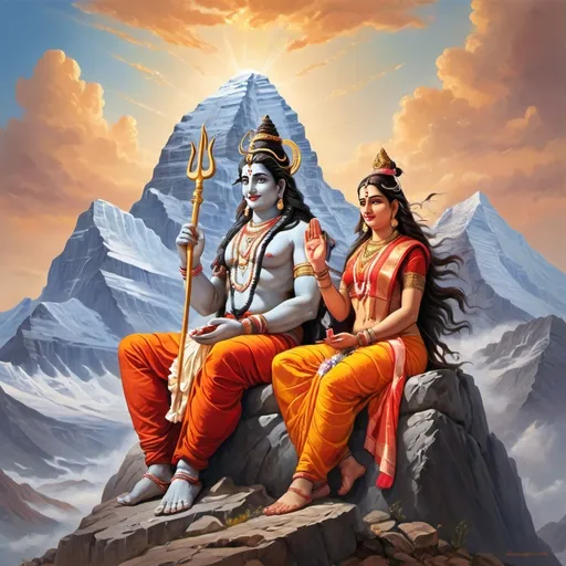 Prompt: Shiv ji and mata Parvati sitting on Mount kailash