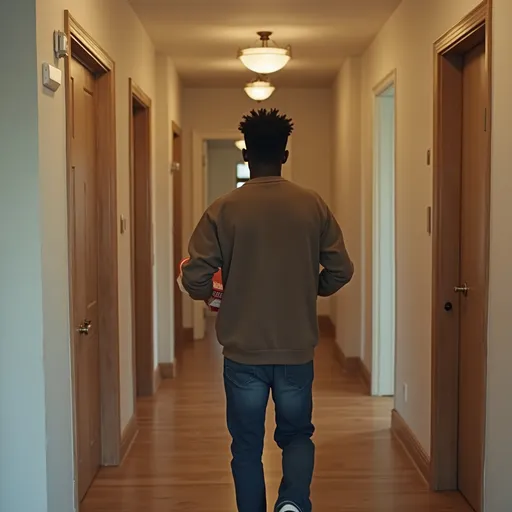 Prompt: a 20 yr old black man walking with swag  in the corridor of  a middle class house. He's holding a pizza box with swag  and filmed from the back  of his head 