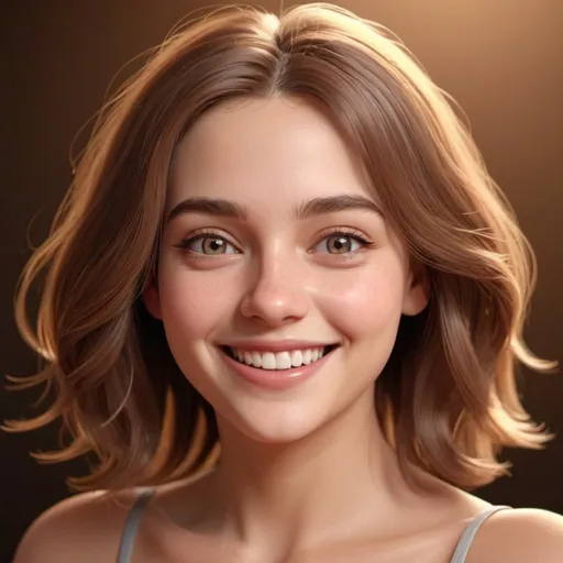 Prompt: Beautiful young woman with shoulder-length hair, sweet smile, 3D animation, high quality, cheerful, flowing hair, warm lighting, realistic, 3D rendering, detailed eyes, joyful expression, vibrant colors, highres, ultra-detailed, 3D animation, warm tones